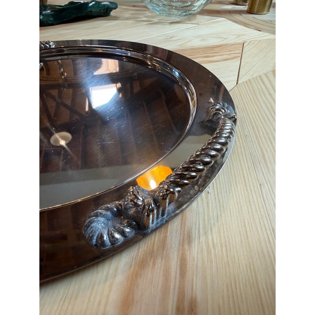 Italian Italian Mid-Century Silver-Plated Oval Serving Tray With Rope Handles, 1970s For Sale - Image 3 of 6