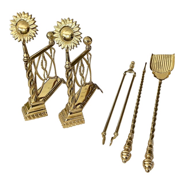 Late 20th Century Aesthetic English Sunflower Brass Fireplace Andiron Set - 5 Pieces For Sale