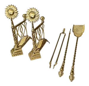 Late 20th Century Aesthetic English Sunflower Brass Fireplace Andiron Set - 5 Pieces
