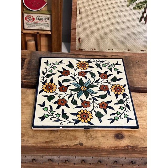 Vintage Ceramic Tile Depicting a Hand Painted Floral Design. For Sale - Image 4 of 5