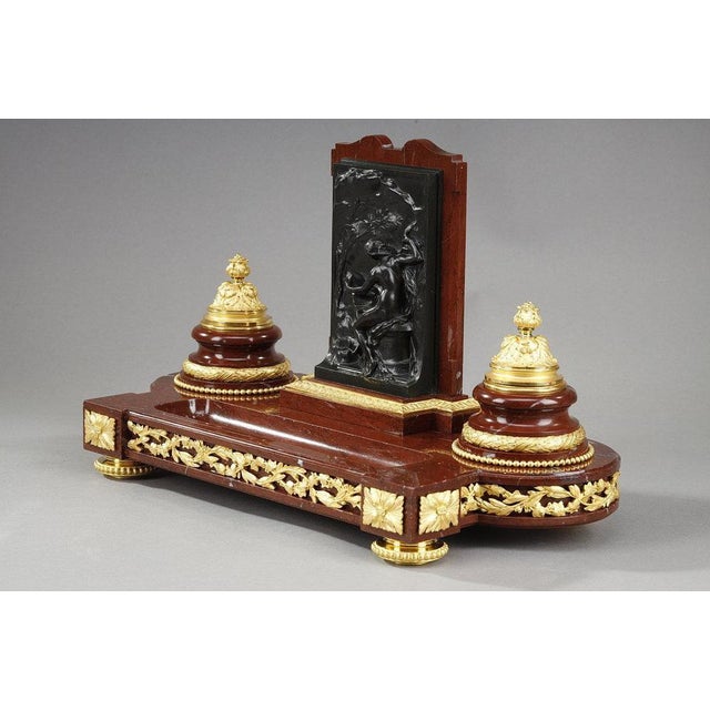 Metal Inkwell in Red Marble with Allegory in Gilt Bronze by Henri Chapu For Sale - Image 7 of 15
