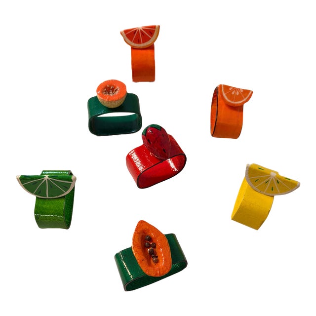 Vintage Hand Painted Lacquered Papier Mâche Napkins Rings S/7 For Sale
