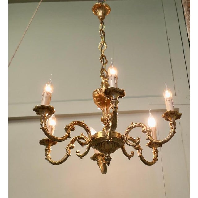 Rococo Large French Rococo Gilded Brass Six-Light Chandelier, 1960 For Sale - Image 3 of 6