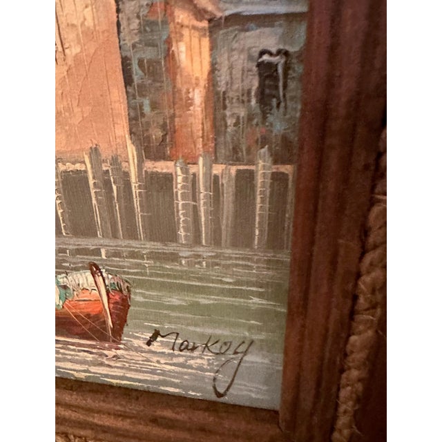 Vintage Oil on Board Harbor Scene Signed Markey For Sale - Image 4 of 5
