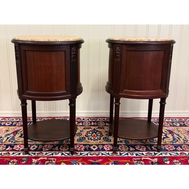 Antique Pair French Louis XVI Style Marble Top NIghtstands End Tables c.1920s-30 For Sale - Image 17 of 18