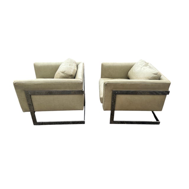 Mid-Century Modern Pair Milo Baughman Thayer Coggin 989-103 T-Back Chrome Leather Cube Chairs For Sale - Image 3 of 18