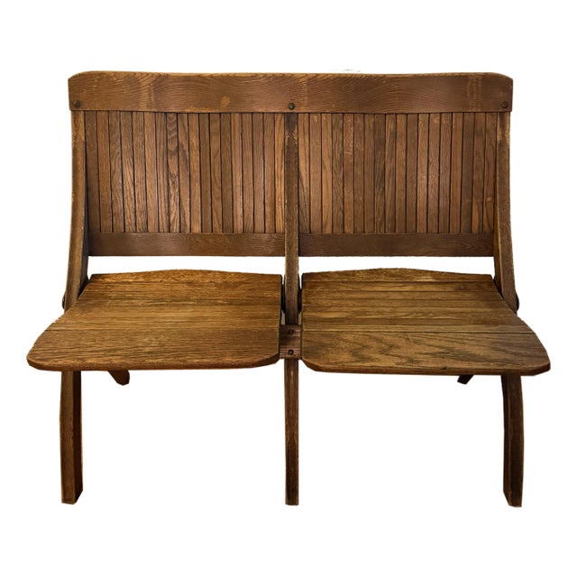 Antique Oak Double Seat Folding Bench by Brunswick Seating Works Inc., Lawrenceville Va For Sale