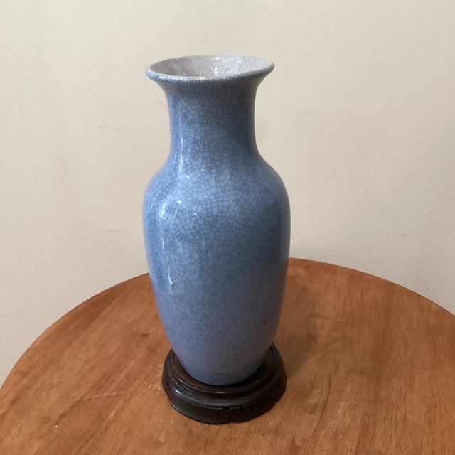 Vintage Chinese Blue Crackle Glaze Porcelain Baluster Vase on Wood Base For Sale - Image 11 of 12
