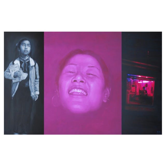 Wei Yi, Lin and Her Childhood, Large Oil on Canvas Triptych, 2008, Set of 3 For Sale - Image 6 of 6