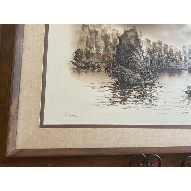 Framed Asian Harbor Scene Ink Wash Drawing Fishing Boats Landscape For Sale - Image 4 of 11