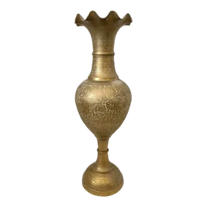 Vintage Tall Handmade Brass Etched Engraved Vase W/Wavy Rim India 24”