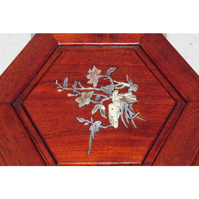 Vintage Chinese Rosewood Hexagonal Plant Stand / Pedestal With Mother-of-Pearl Inlay For Sale - Image 11 of 16