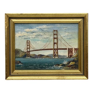 Vintage California Golden Gate Bridge Miniature Oil Painting by Jean Bowler, C. 1980 For Sale