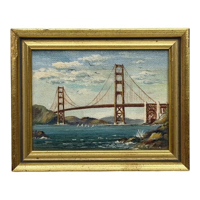Vintage California Golden Gate Bridge Miniature Oil Painting by Jean Bowler, C. 1980 For Sale