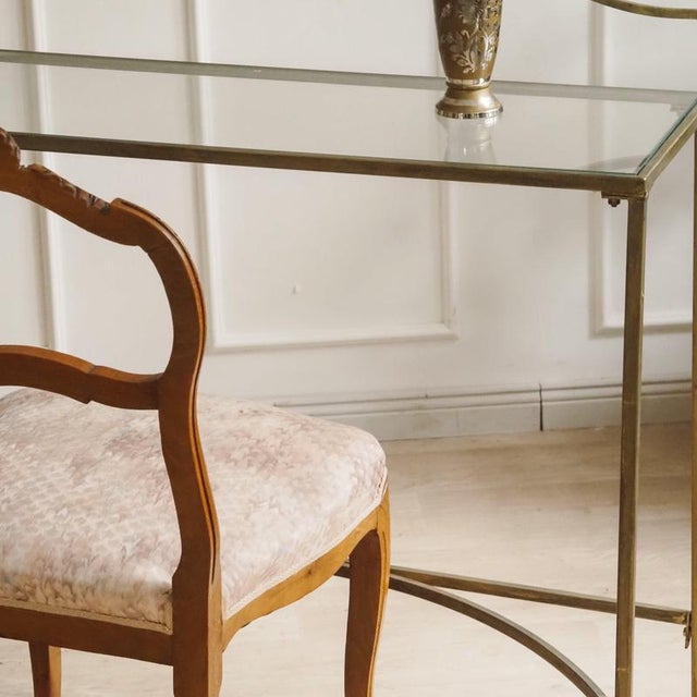 Brown Console Table with Swiveling Round Mirror For Sale - Image 8 of 9