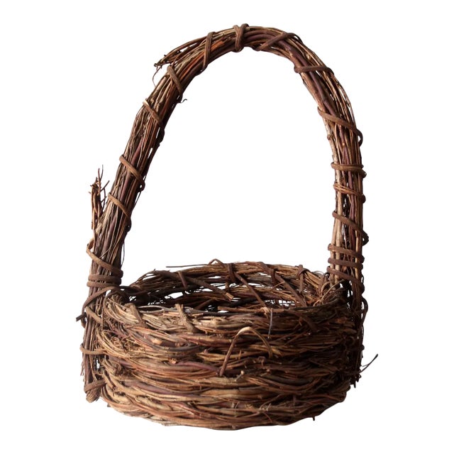 Vintage Rustic Twig Basket For Sale