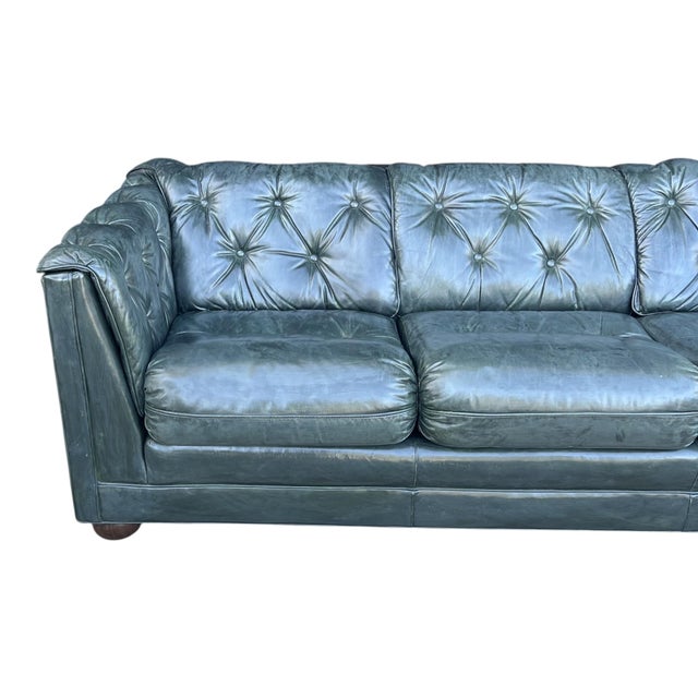 Dark Green Vintage Dark Green Leather English Club Sofa With Tufted Back & Rich Patina For Sale - Image 8 of 10