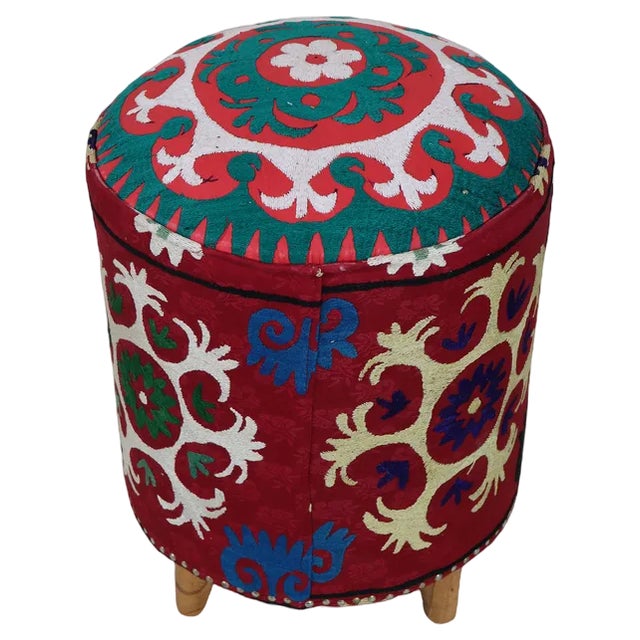 Vintage Oriental Stool with Suzani Upholstery, 1950s For Sale