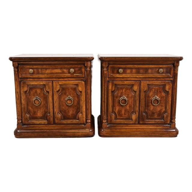 Drexel Heritage French Regency Louis XVI Burl Wood Nightstands, Pair For Sale