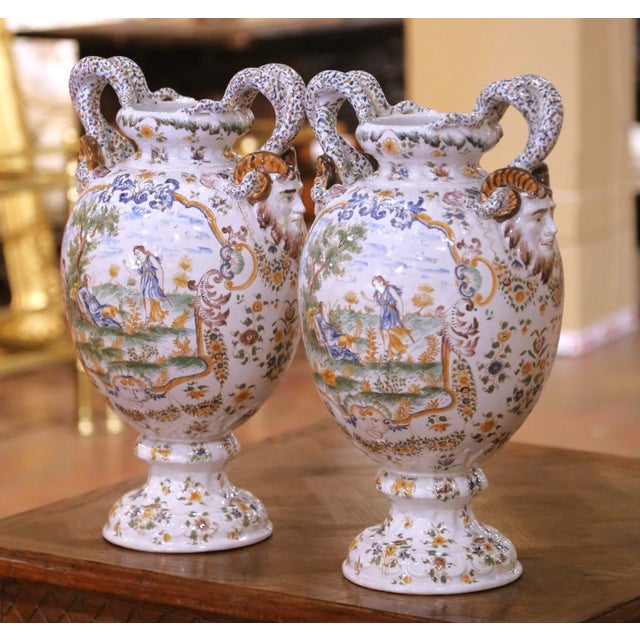 Pair of 19th Century French Moustiers Faience Vases With Ram’s Head Handles For Sale - Image 10 of 12