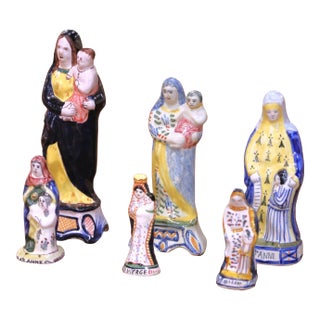 19th Century French Quimper Faience Virgin Mary and St. Anne Figures, Set of Six For Sale