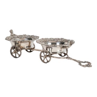 Early 20th C. Silver Plate Double Wine Trolley / Wine Carriage With Wood Coasters For Sale