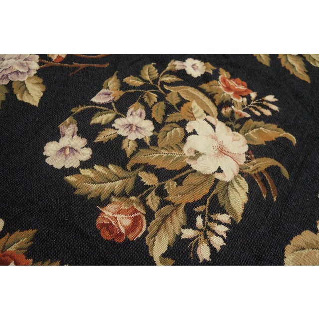 Textile 1980s Black Floral European Vintage Needlepoint Carpet 7'10'' X 9'6'' Flatweave Wool Rug For Sale - Image 7 of 9