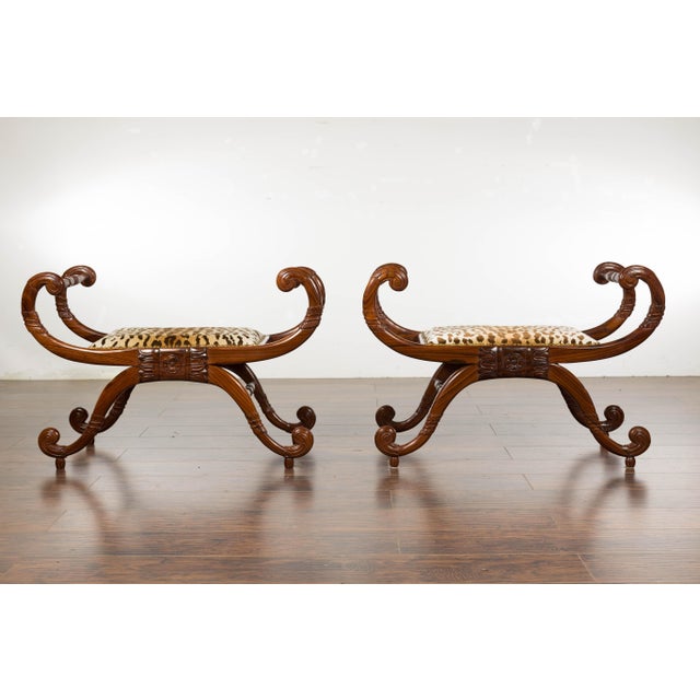 Wood Pair of English Regency Carved Mahogany 19th Century Stools with Scrolling Arms For Sale - Image 7 of 12