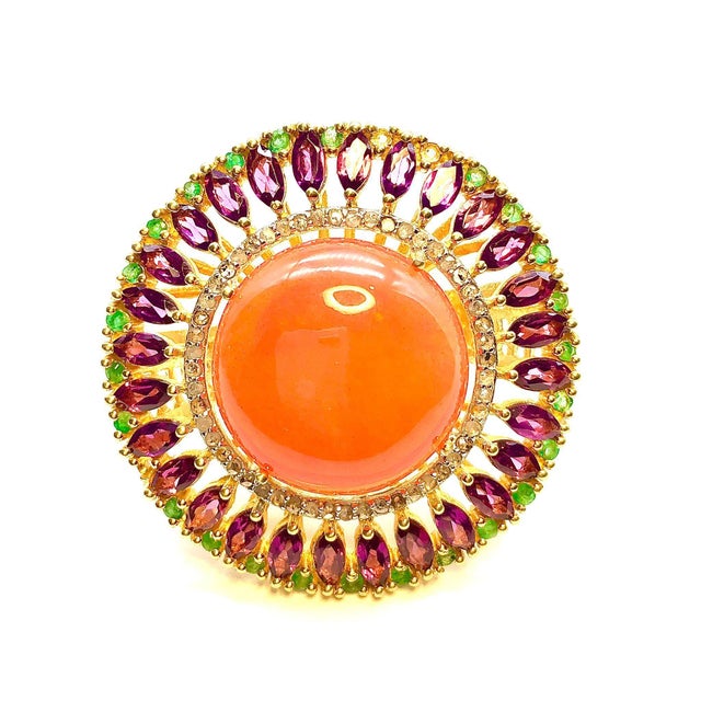 Bochic "Orient" Vintage Natural Orange Opal, Rodolite & Diamond Ring Set In 18K & Silver Natural Oval Shape Center Orange...