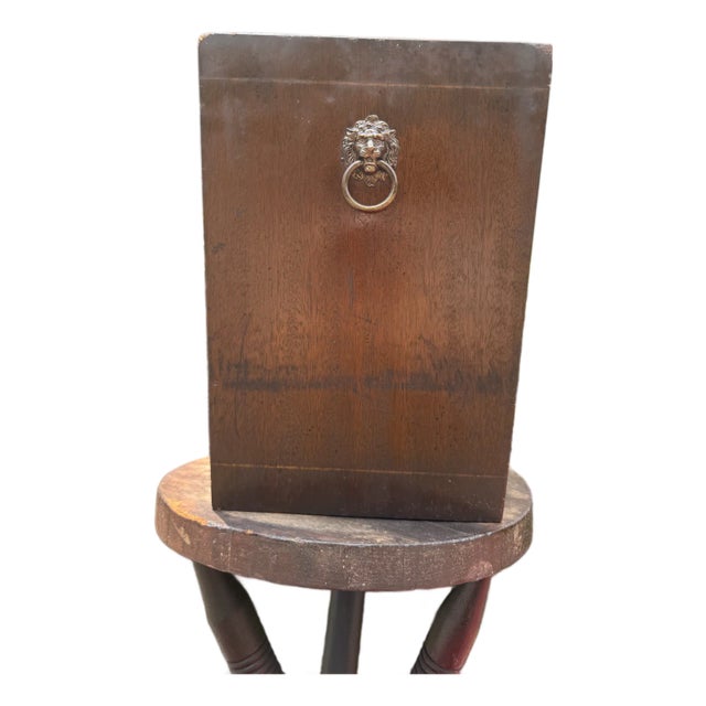 Vintage English Lion Head Wood and Brass Wastebasket/Planter For Sale