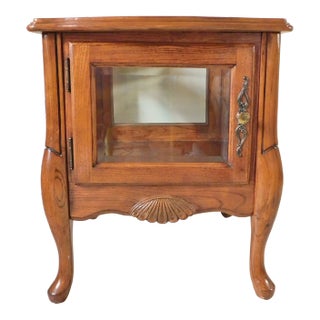 Vintage Queen Anne Solid Oak Wood & Beveled Glass Display Side/End Accent Table For Sale