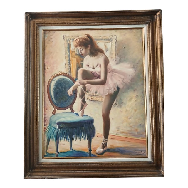 1960s Helmut Brueninger Ballerina Lacing Her Shoe Oil on Canvas Listed Artist For Sale