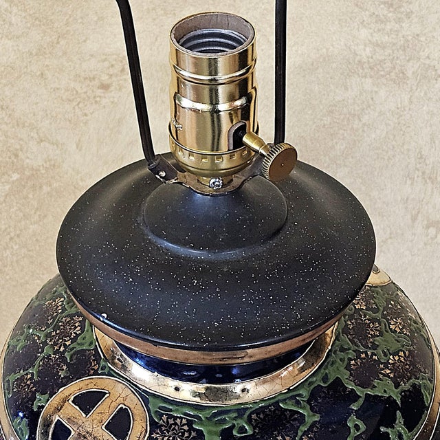 Dark Green Vintage Japanese Satsuma Moriage Porcelain Table Lamp With Buddhist Immortals For Sale - Image 8 of 18