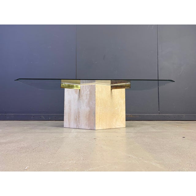 Vintage travertine and brass coffee table by Artedi Comes with a clear beveled glass top Good condition. This style can be...