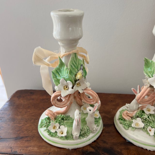 English Charming 1980s Hand Crafted English Pottery Rabbit and Bird Candlestick Holders With Ribbon Detail - Set of 3 For Sale - Image 3 of 12