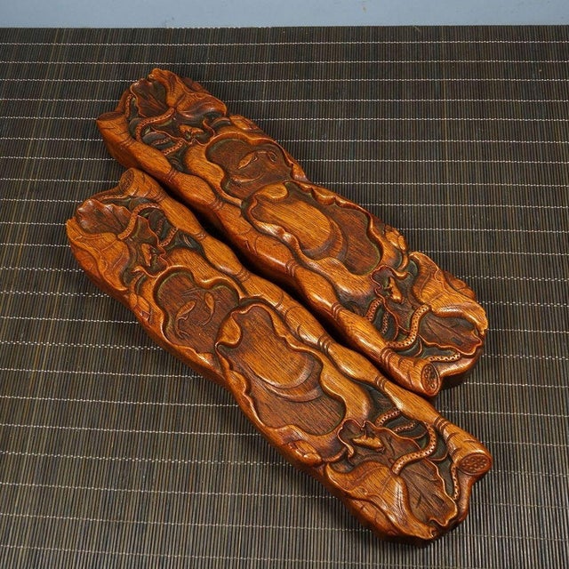 Pair of Carved Rosewood Paperweights With Lotus Leaf Motif - Asian Scholar's Objects For Sale - Image 9 of 9