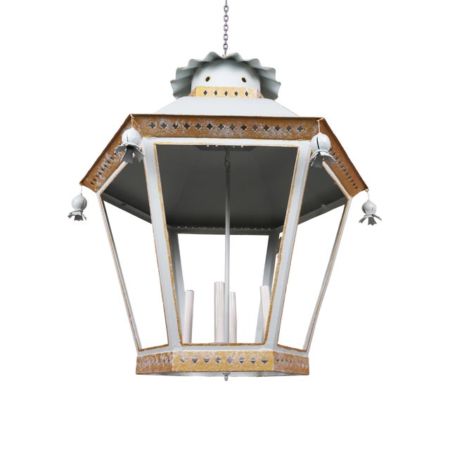 Early 21st Century Vintage French Chinoiserie Three-Tier Pagoda-Shaped Metal Chandelier, White, Light Blue, and Gold For Sale - Image 5 of 11
