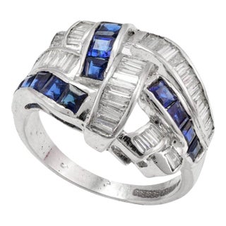 Art Deco 1.3ct Blue Sapphire and Diamond Cocktail Ring in 18k White Gold Size 7 For Sale