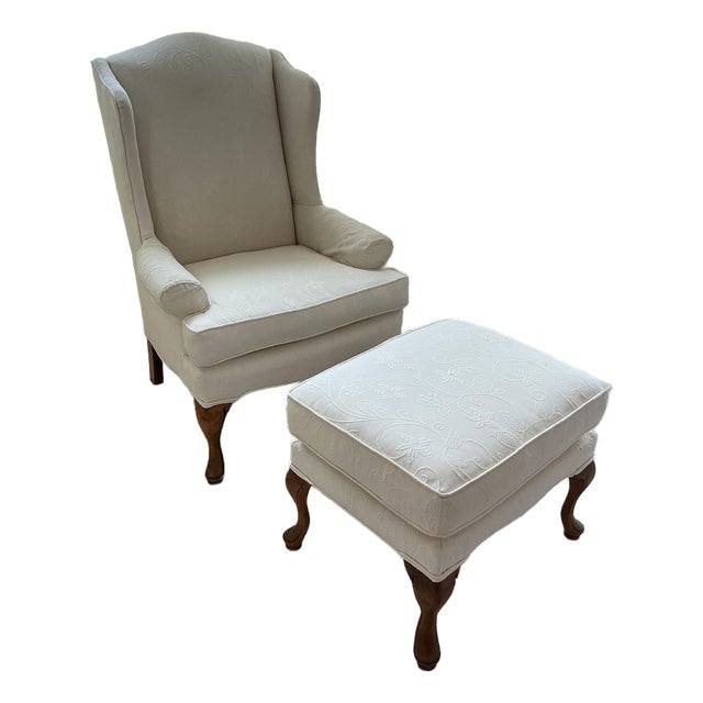 Classic English Style Custom Upholstered Wing Chair and Ottoman - Set of 2 For Sale