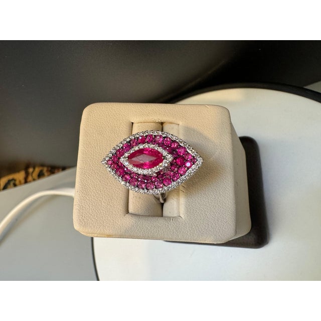 Gemstone 2.5 Ct Natural Marquis Ruby & 1 Ct Dancing Diamond 18 Kt White Gold Ring Size 6 For Sale - Image 7 of 18