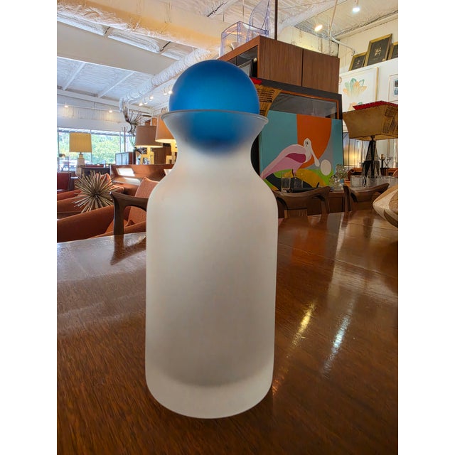 Vintage Frosted Glass Decanter / Bottle With Cobalt Blue Ball Stopper For Sale In Charleston - Image 6 of 14