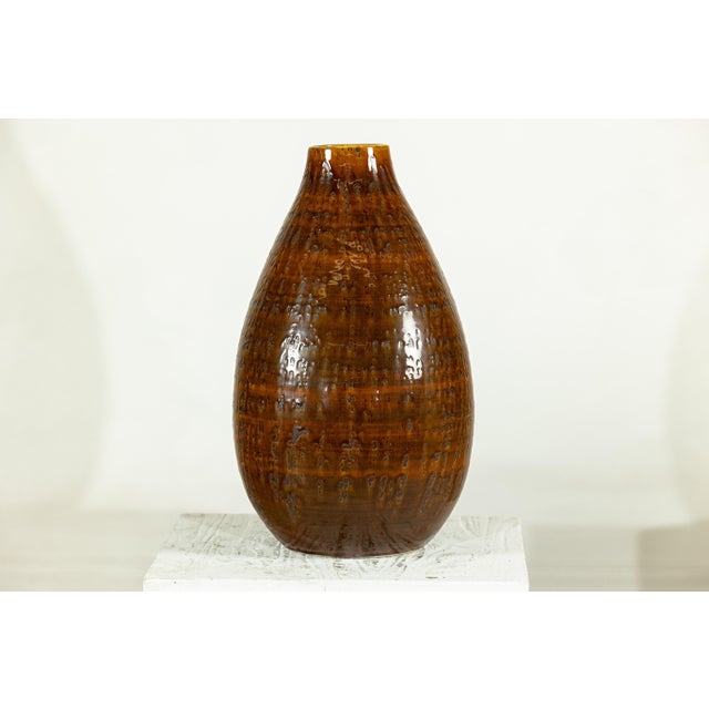Late 20th Century Large Artisan Ceramic Vase with Textured Amber-Brown Glaze and Teardrop Form For Sale - Image 5 of 18