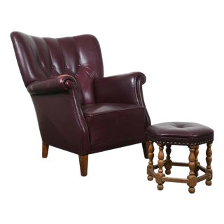 1950s Old School Tufted Leather Scandinavian Lounge Chair W Ottoman For Sale