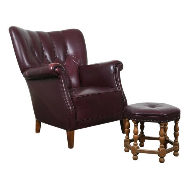 1950s Old School Tufted Leather Scandinavian Lounge Chair W Ottoman For Sale