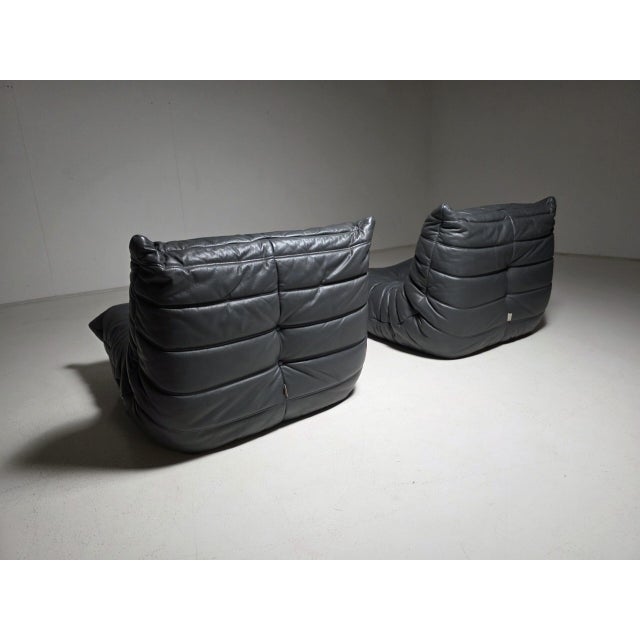 Ligne Roset Grey/Blue Togo Chairs by Michel Ducaroy for Ligne Roset, 1980s, Set of 2 For Sale - Image 4 of 10