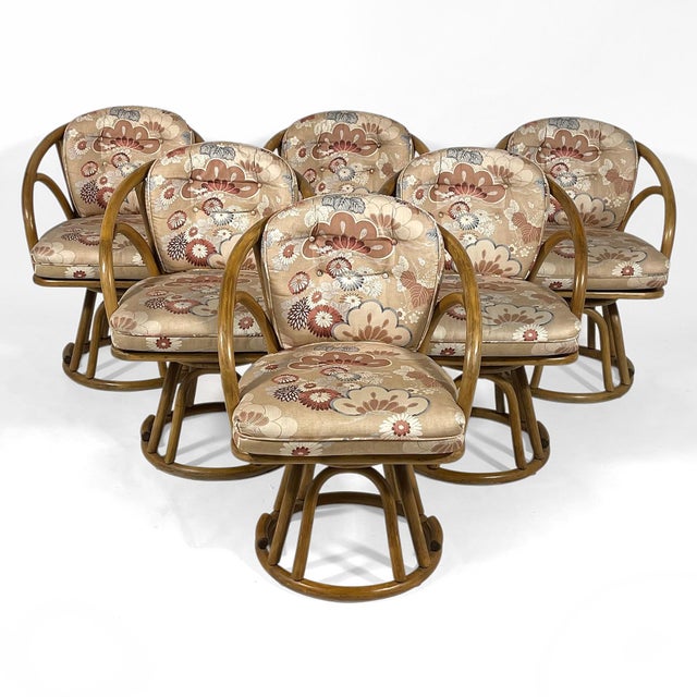 Set of Six Brown Jordan Rattan Swivel Armchairs For Sale - Image 11 of 12