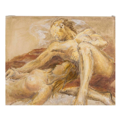 Evelyne Luez, Nude Man and a Woman Lying Down, Oil Painting on Canvas For Sale