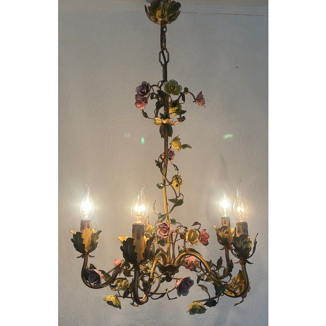 Italian Metal and Porcelain Flower Chandelier, 1940s For Sale - Image 14 of 17