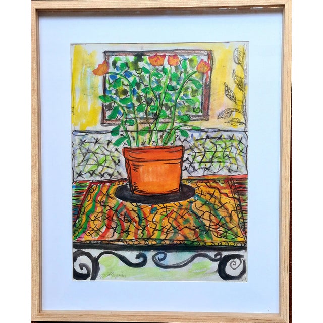 Late Mid century watercolour on paper interior view of tulips in a terracotta pot by Joelle Gainon. The painting is signed...