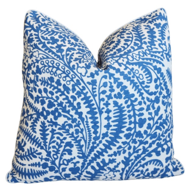 French Provincial Raoul Blue & White Acadia Floral Feather/Down Pillow 20" Square For Sale - Image 3 of 6